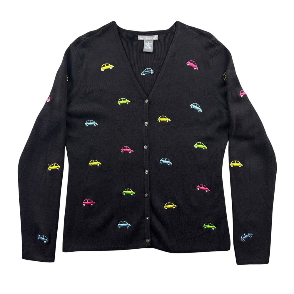 Vintage 90s Eagle's Eye Little Bug Embroidered Car Cardigan Sweater Size Medium